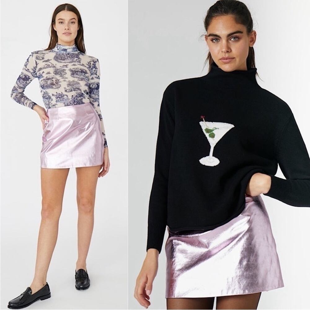 RACHEL ANTONOFF Metallic Pastel Pink Faux Leather High Waist A-Line Mini Skirt 4